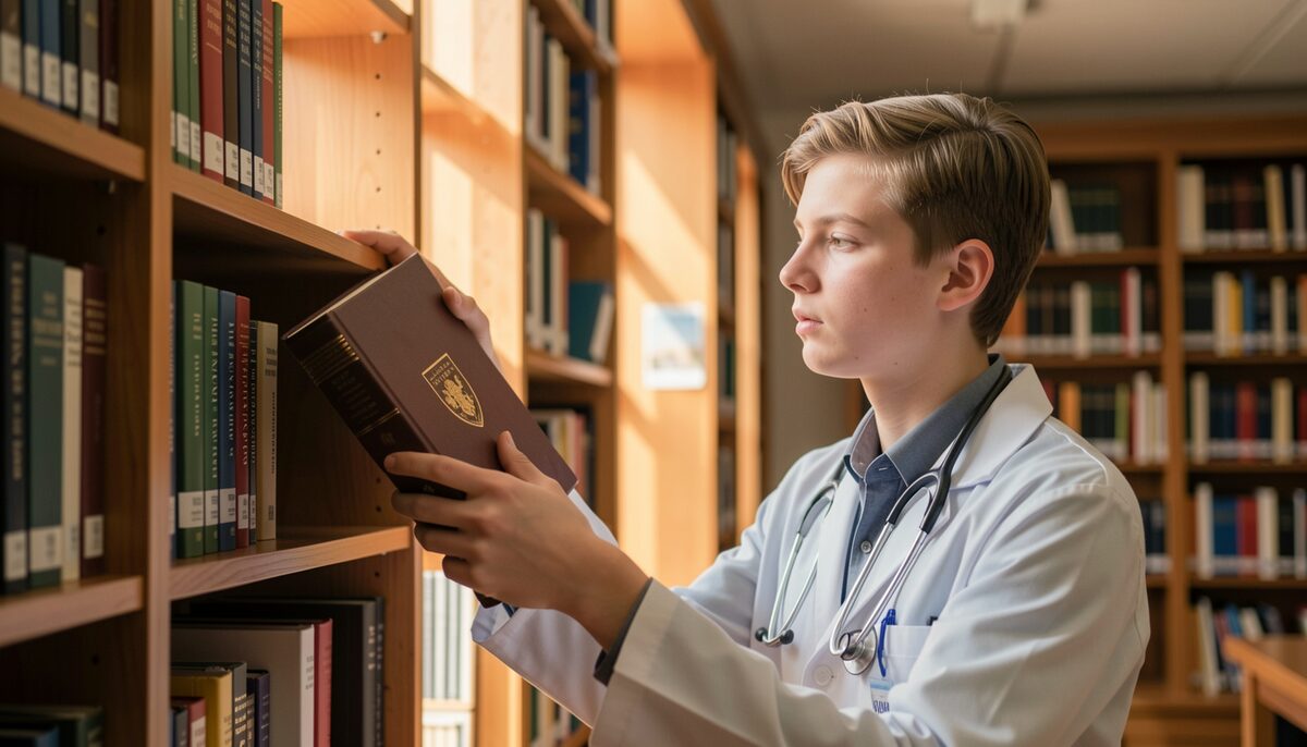 A quiet medical library desk with an open professional journal, a printed certificate of attendance and a laptop showing a course catalogue, window light