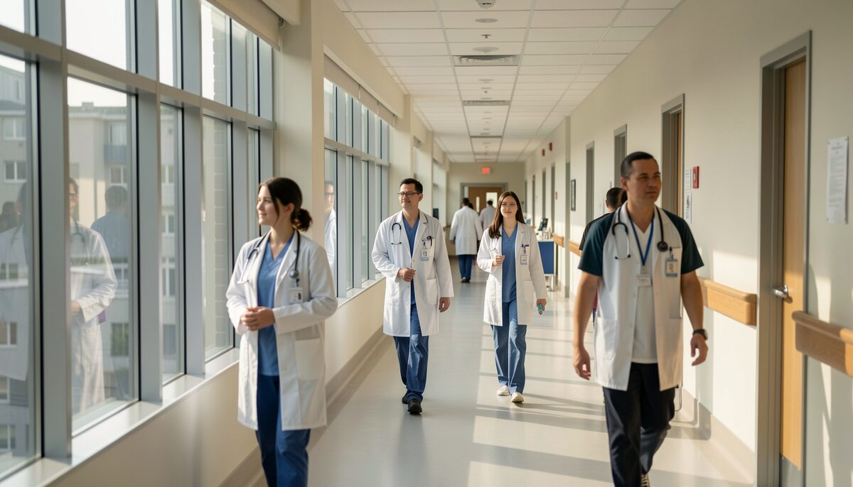 A hospital hallway with doctors and nurses walking past large windows in morning light.