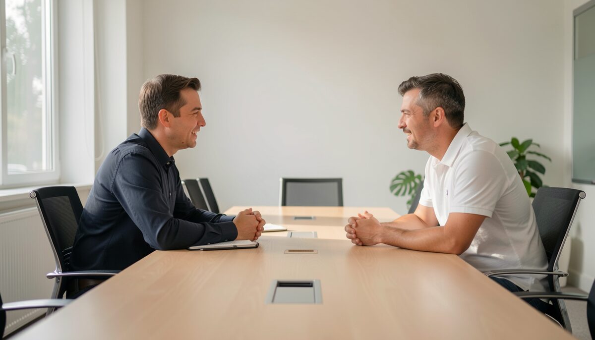 Two colleagues talking in a bright meeting room with a table and chairs.