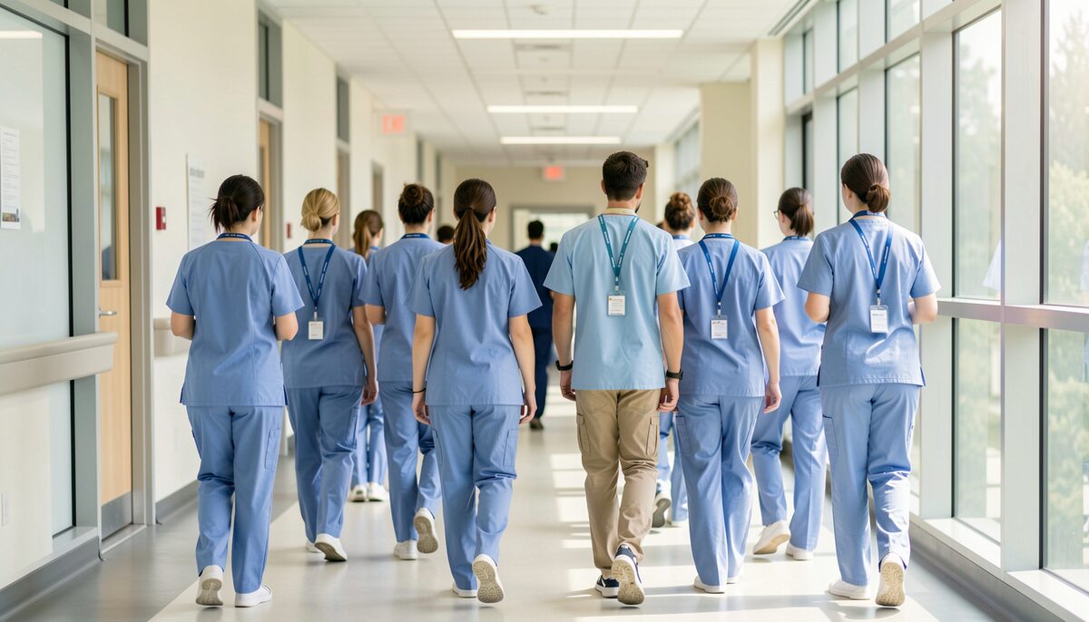 A group of nurses and a physician associate at a hospital training session with notebooks, seen from behind, bright room