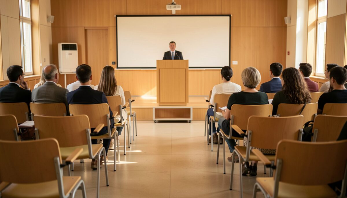 An empty lecture hall with rows of chairs facing a podium in warm light.