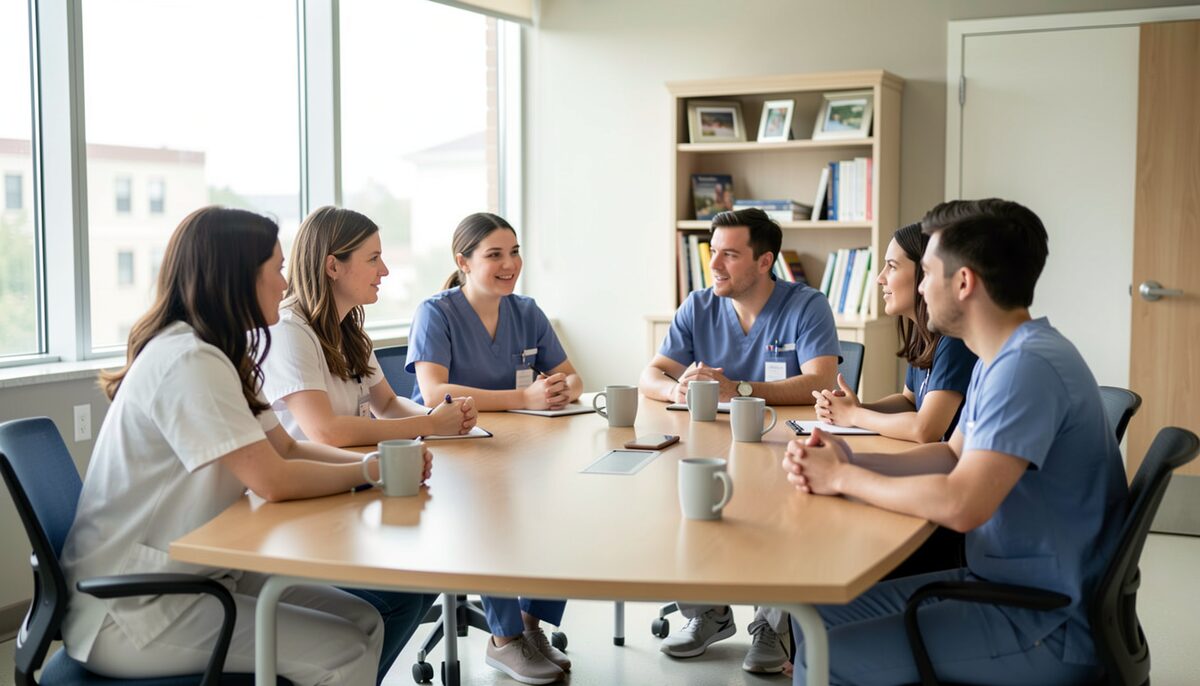 A care team talking together in a bright hospital meeting room.