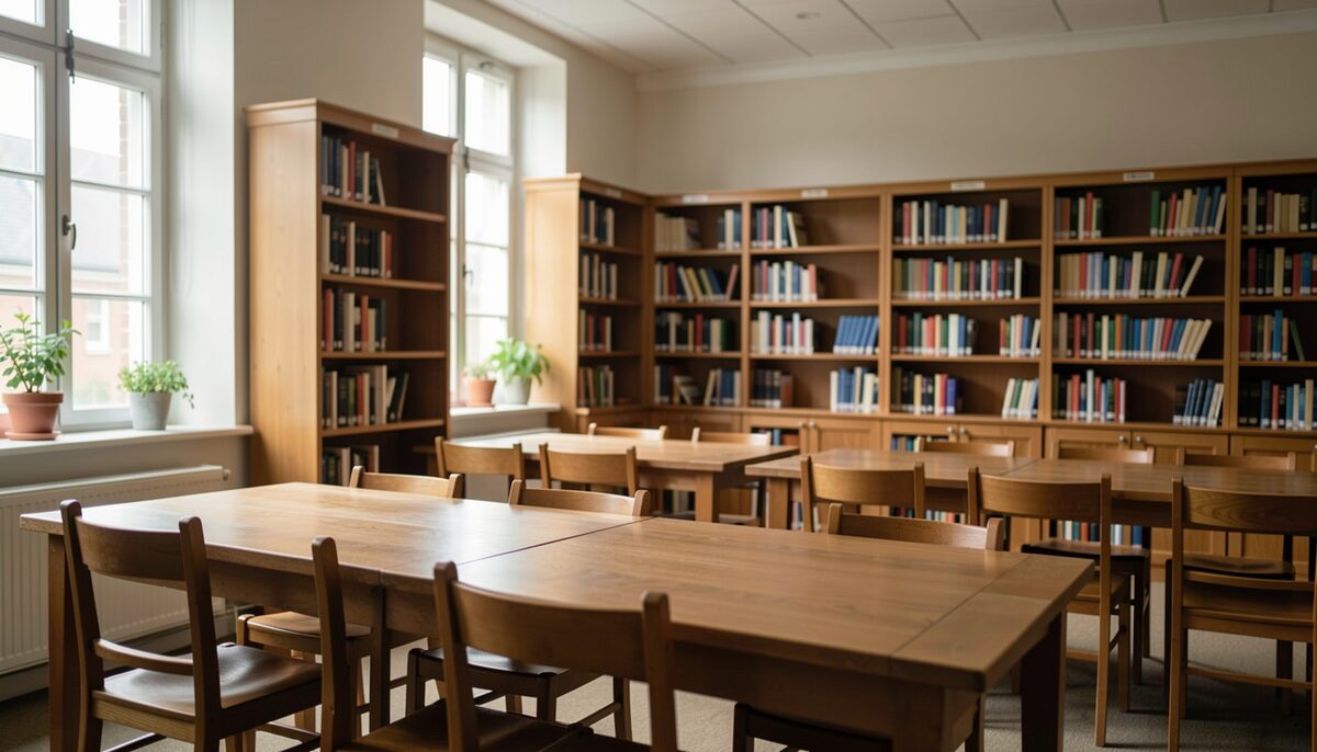 A quiet library reading room with wooden tables bathed in soft daylight.
