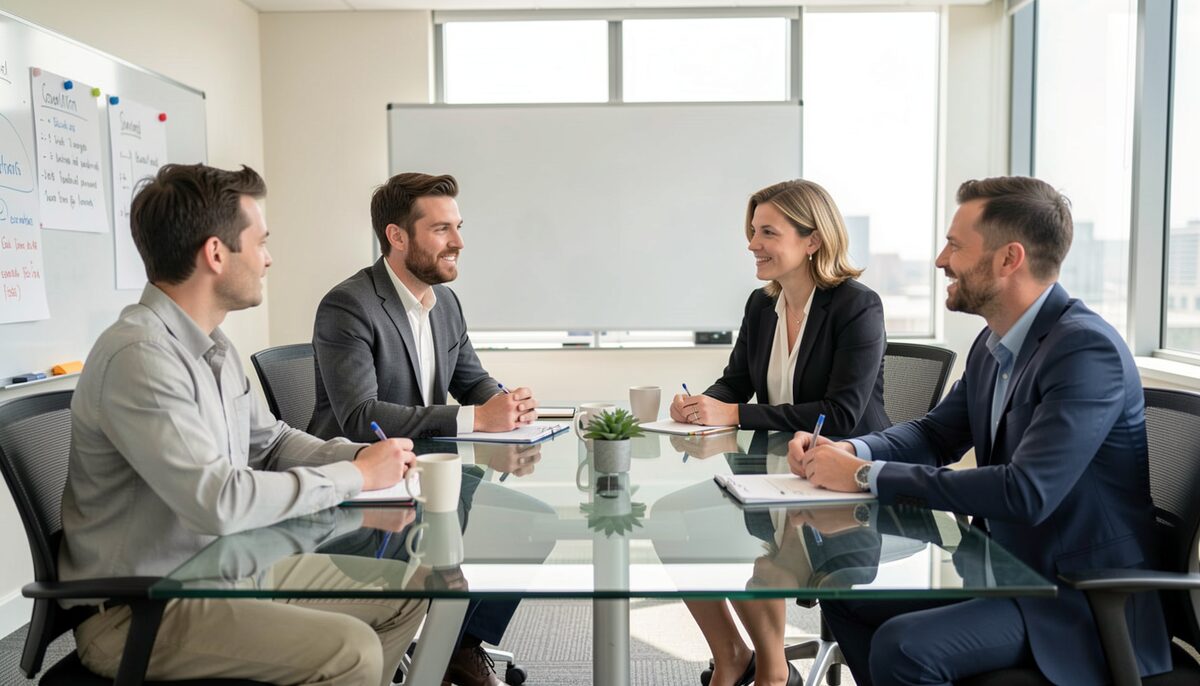 Four professionals talking around a glass table in a bright boardroom.